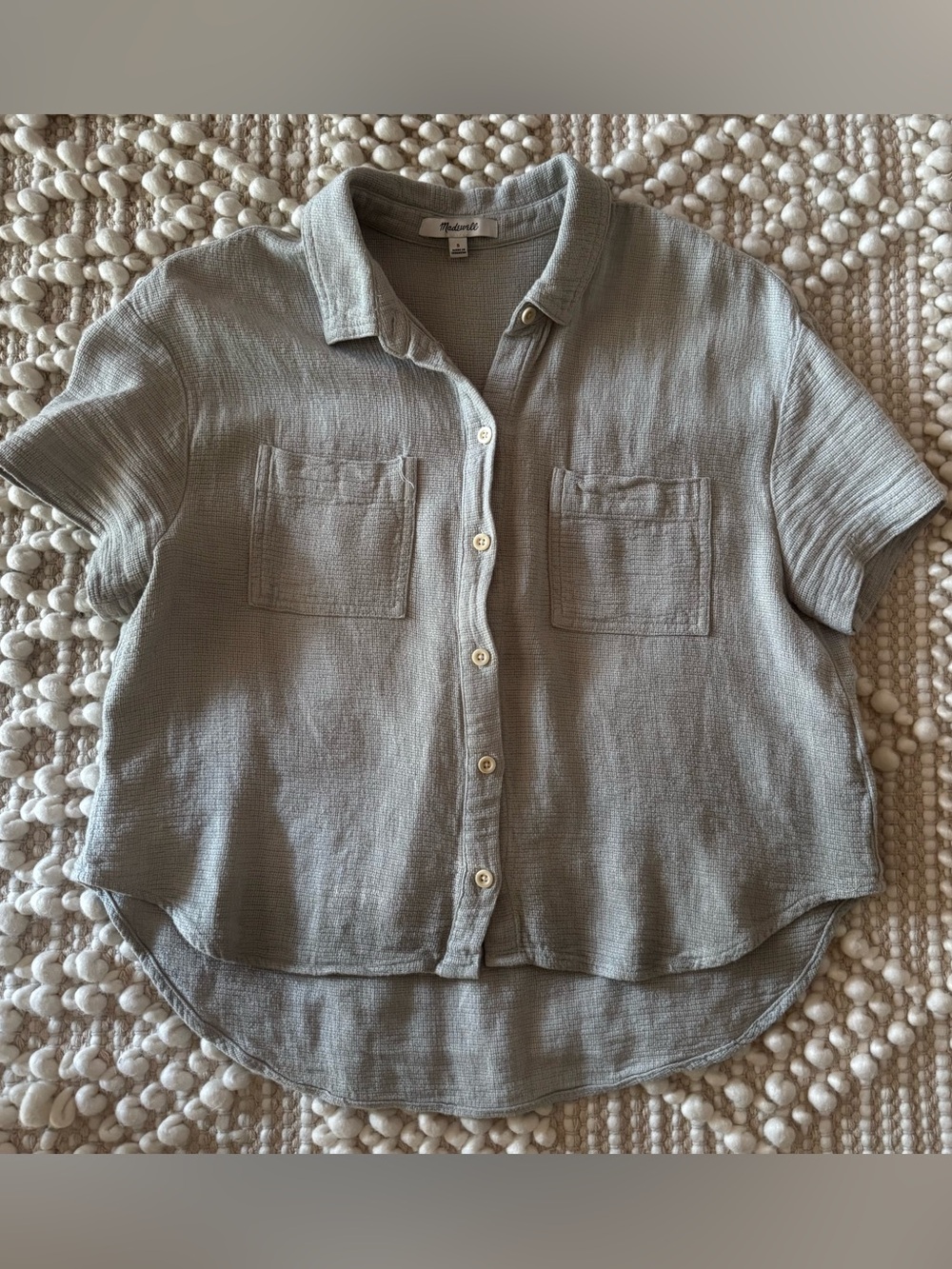 Madewell Linen-Blend Short Sleeve Button-Up Crop - Sage Green